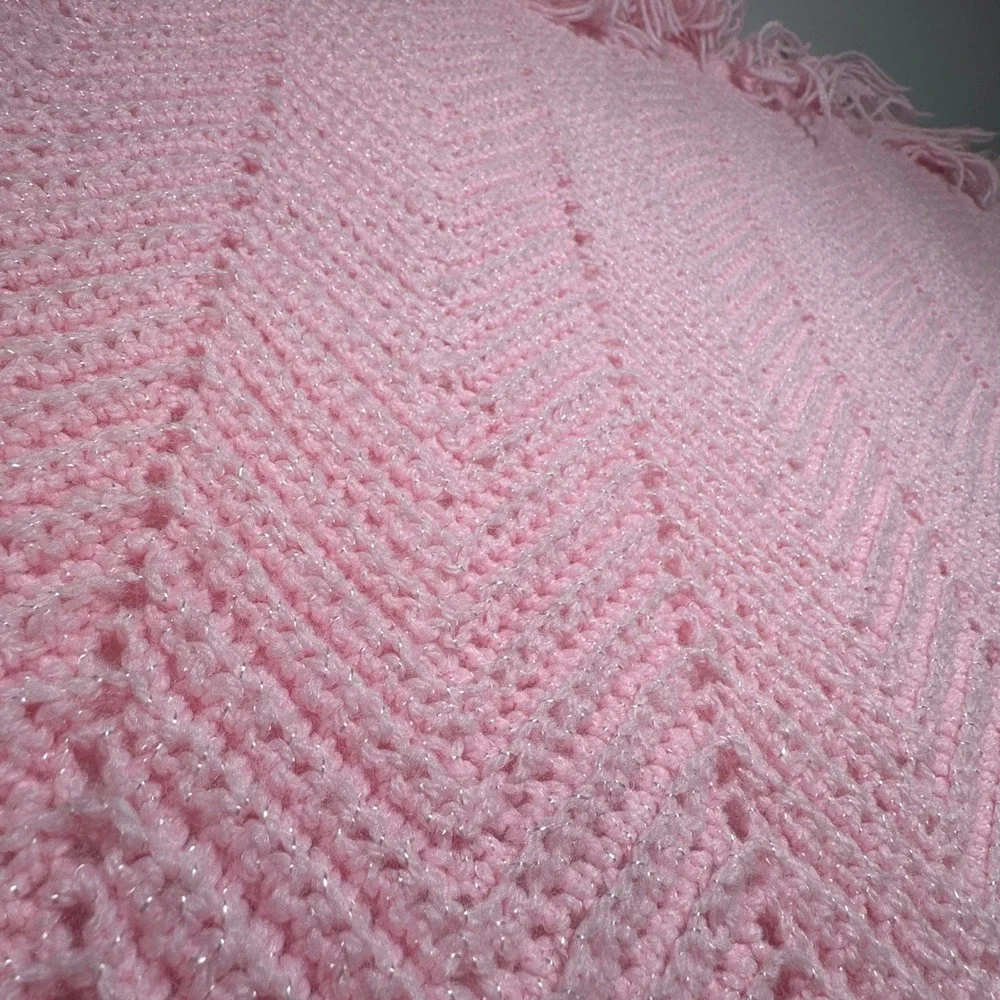 Vintage Crochet Throw Blanket Handmade Pink Chevron Ripple Afghan Shimmer Fringe